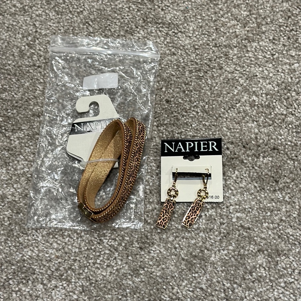 Napier leopard earrings and wrap bracelet